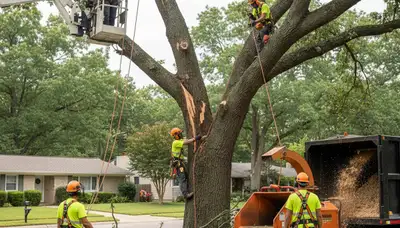 Aurora, CO emergency tree service crew removing storm-damaged fallen tree from a property