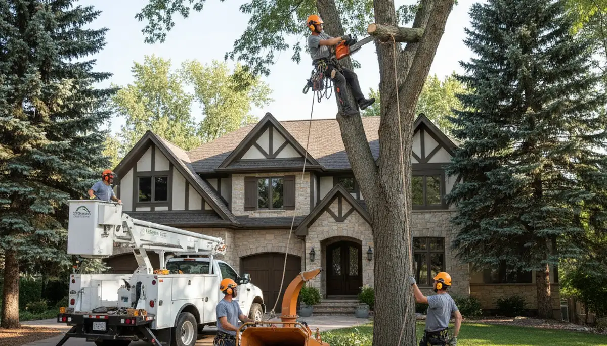 Tree service crew in Aurora, CO providing professional tree removal and trimming for a local property