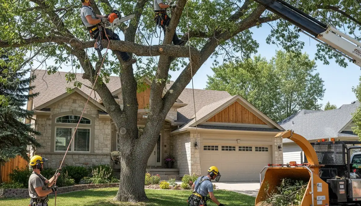 Tree service crew in Aurora, CO providing professional tree removal and trimming for a residential property