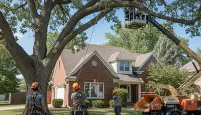 Tree service crew in Aurora, CO performing safe tree removal and cleanup for a residential property