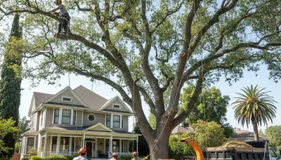 Tree service crew in Aurora, CO providing professional tree removal and cleanup for a business property