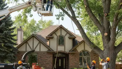 Tree service crew in Aurora, CO removing a tree for safe residential property clearance